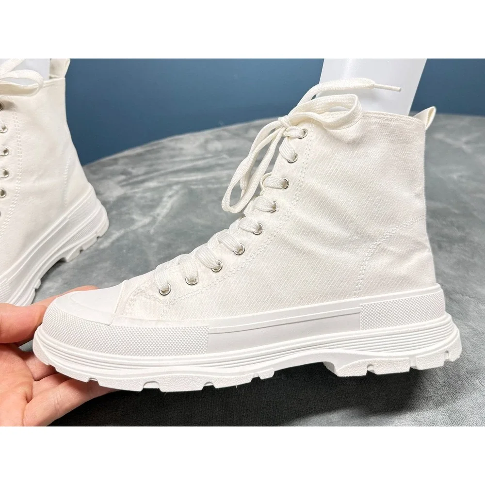 Sheln Platform Sneaker Boots Womens 9 White Canvas High Top Lace Up Chunky